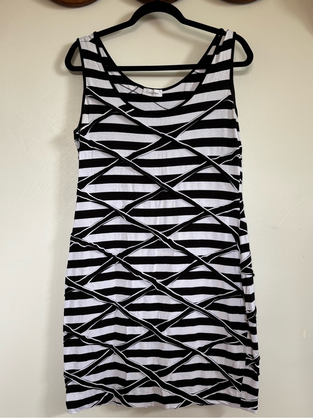 Calvin Klein Black White Striped Sleeveless Sheath Dress Exposed Seams